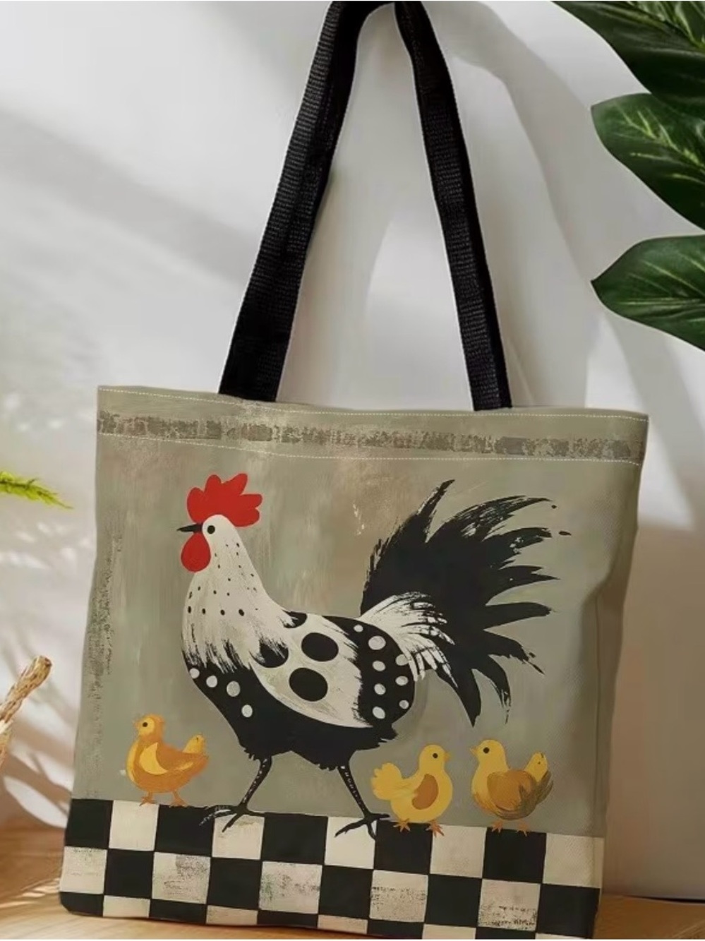 Canvas Rooster Print Tote Bag in Sage Green & Hens